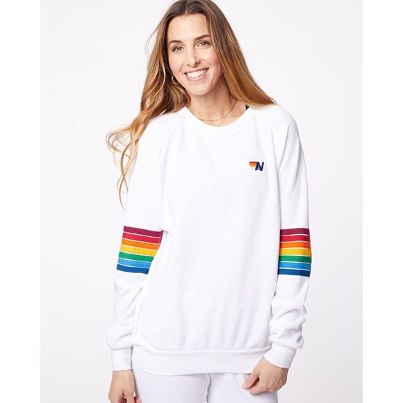 Aviator Nation Rainbow Stitch Sleeve White Crewneck Sweatshirt Small USA Fleece - Picture 2 of 15